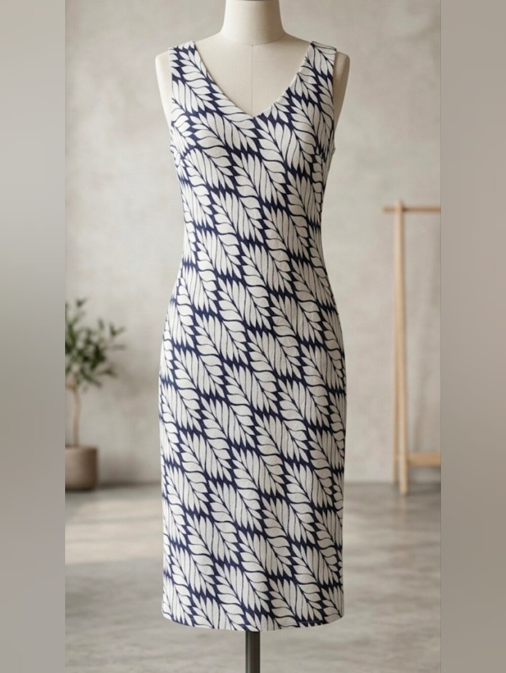 Charlie B Blue White Leaf Print Sleeveless V-Neck Cotton Modal Midi Dress XS